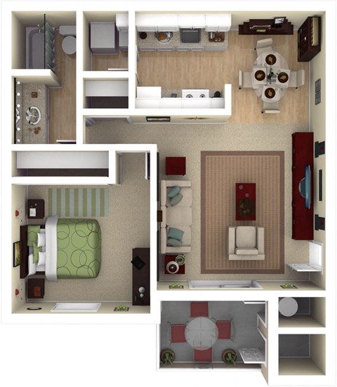 Floor plan for 1 bed, 1 bath, 701 sqft